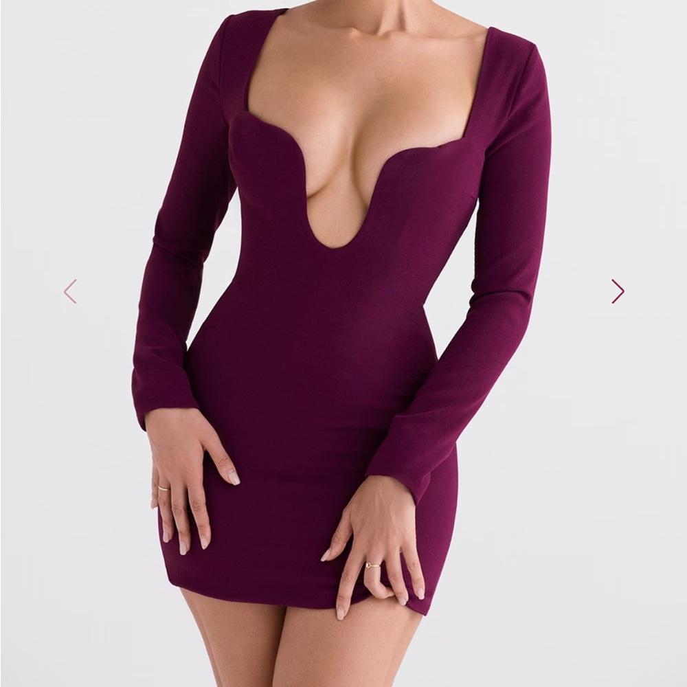 House of CB Deep Plum Long Sleeve Plunge Bodycon Dress